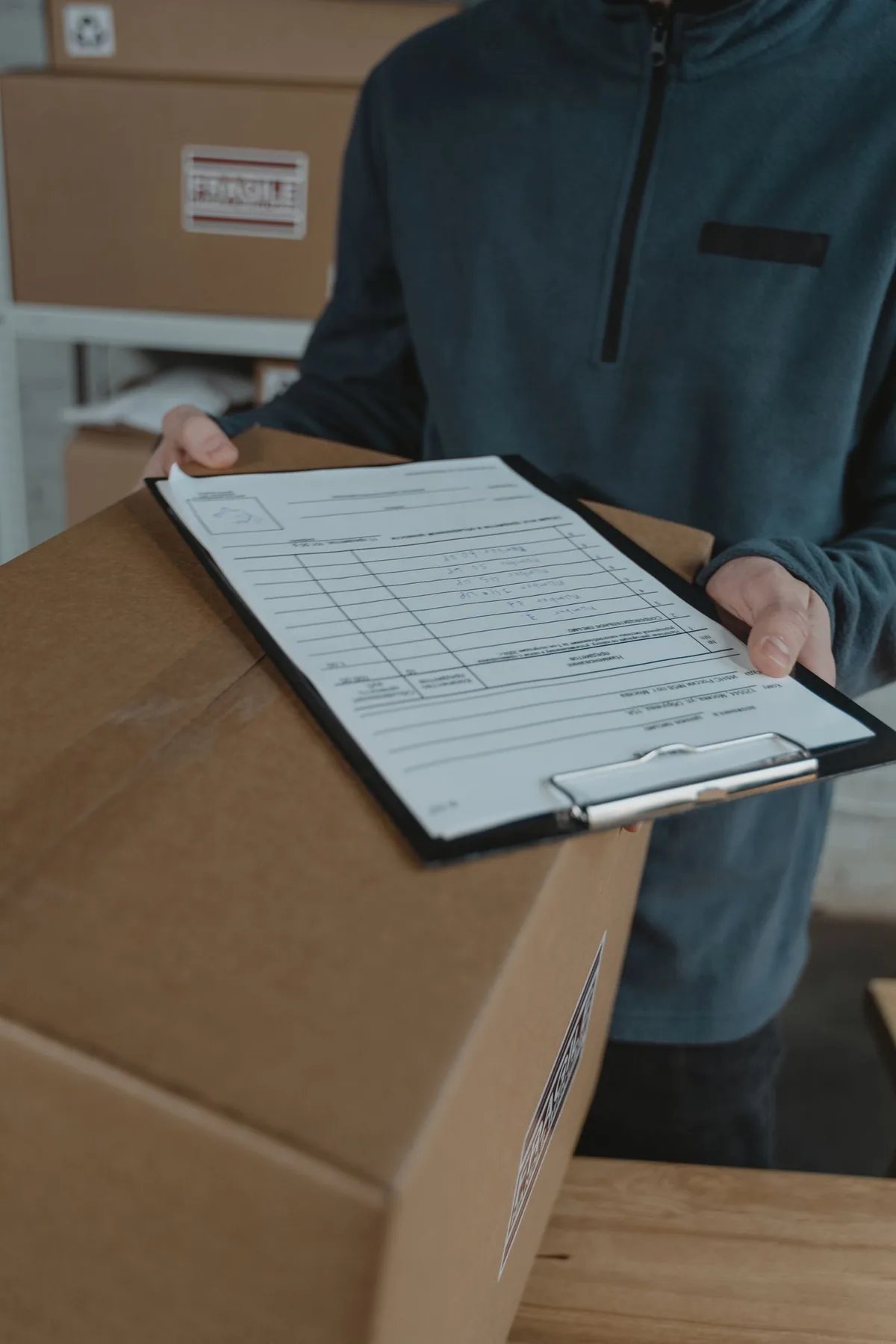 Shipment checklist being reviewed above a packed carton